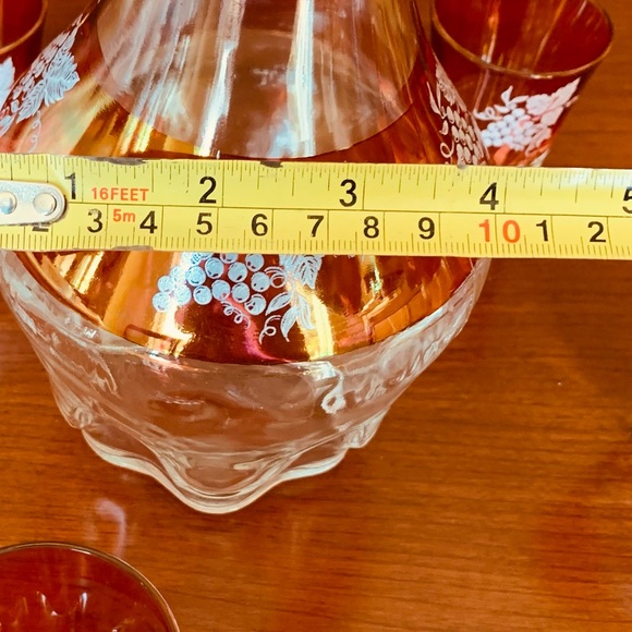 Ruby Red & clear glass cut tall decanter & cordials with grapes print 8 Pc set - Picture 9 of 11